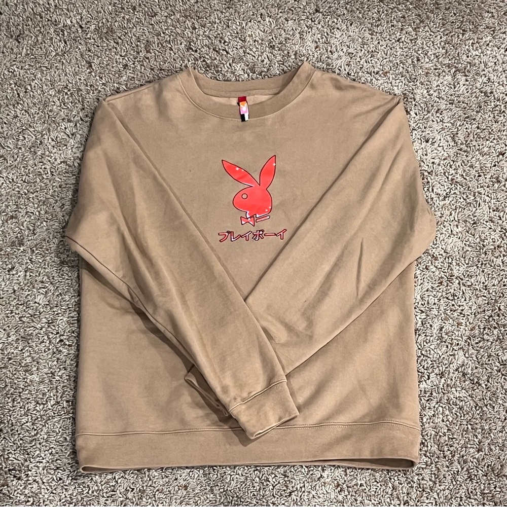 PLAYBOY Tan Crewneck Sweater with Bunny Logo